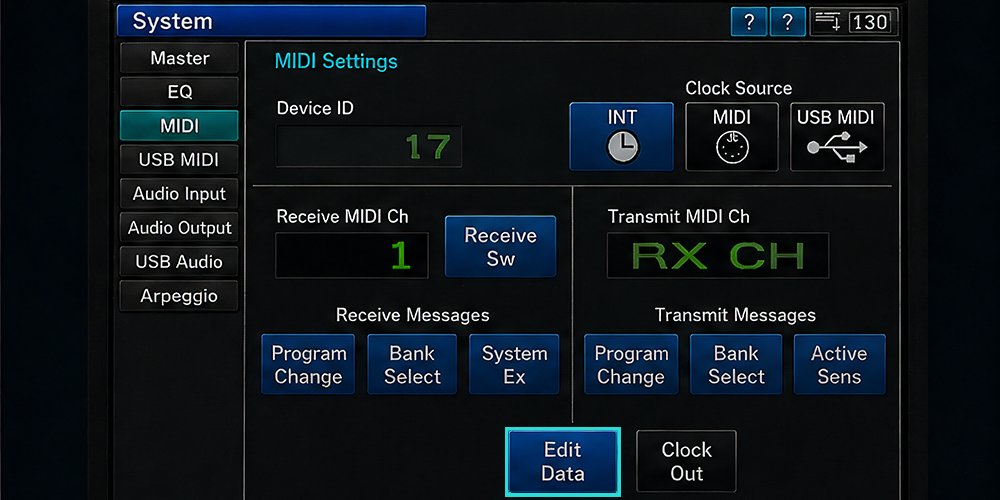 V-Synth GT System → MIDI screen with Edit Data button highlighted
