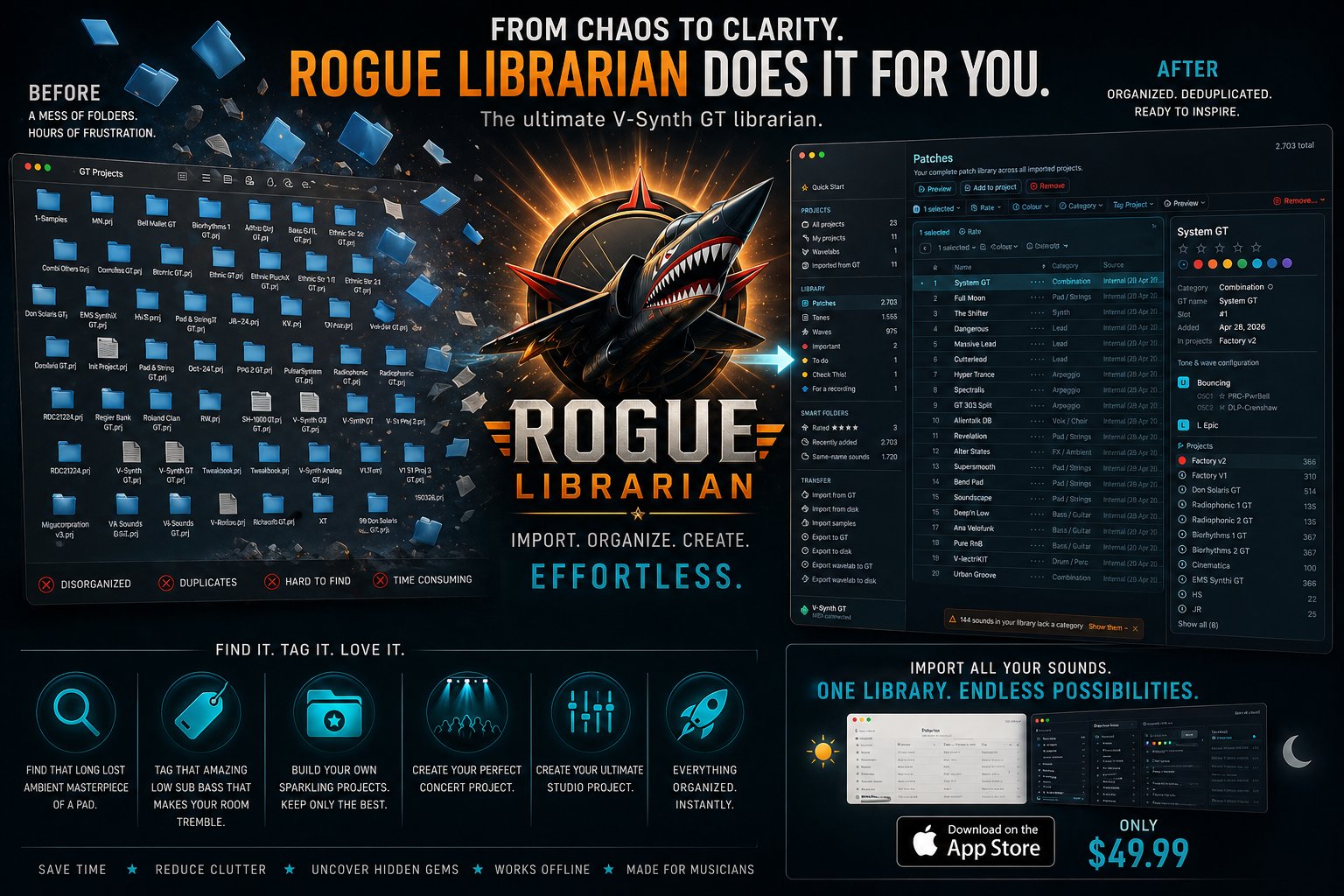 From chaos to clarity — Rogue Librarian transforms a messy folder of GT projects into a clean, organized, deduplicated sound library