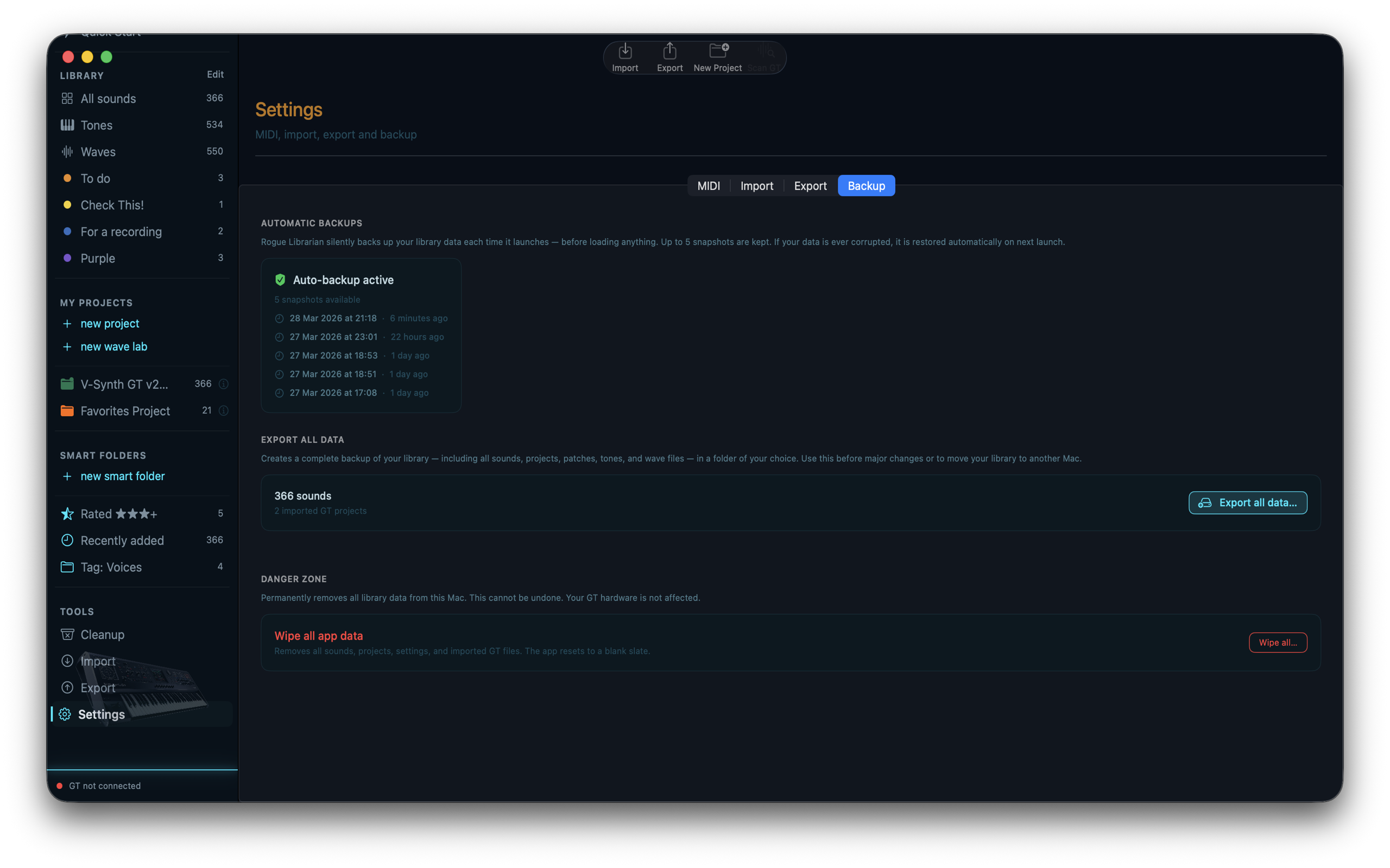 Backup and Restore screen