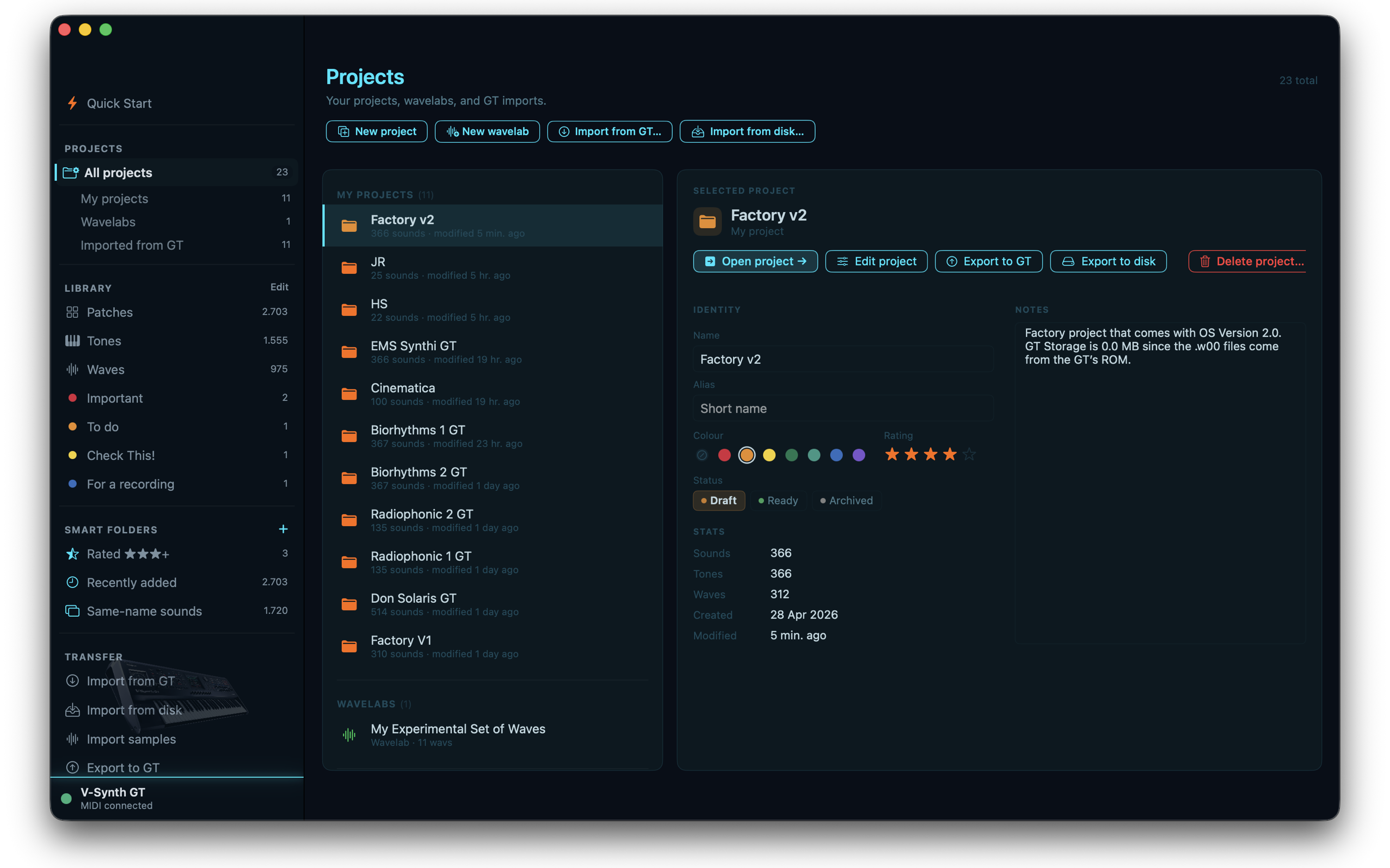 Projects hub showing My Projects, Wavelabs, and GT Imports