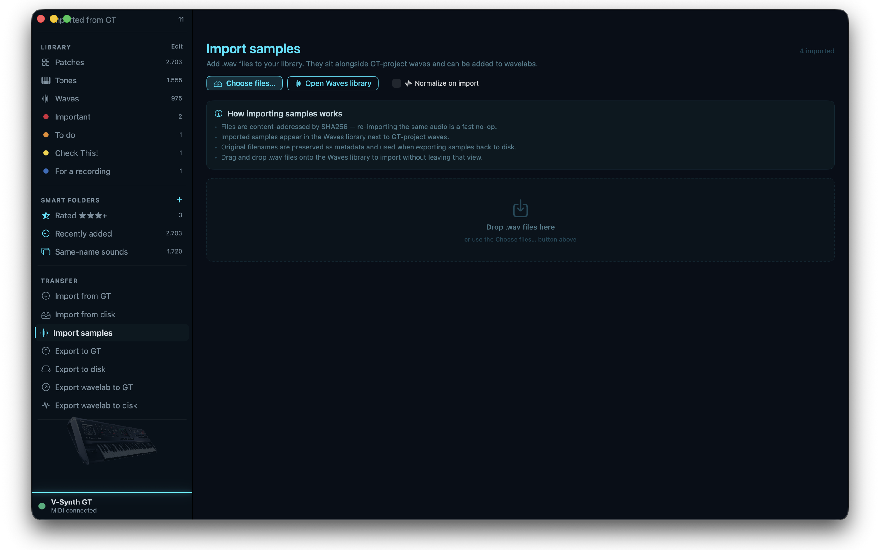 Import samples view with peak-normalize toggle and drop zone