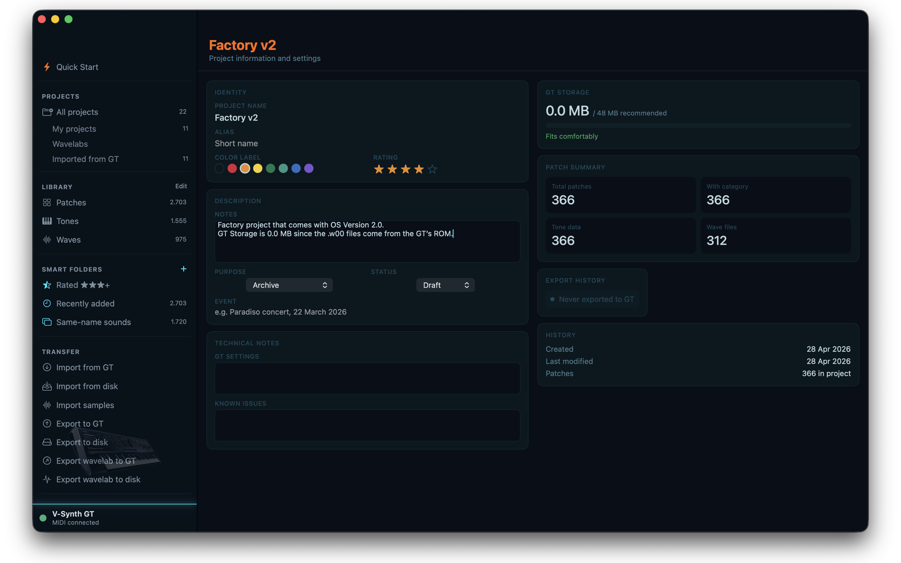 Project Info page with identity, notes, technical notes, GT storage gauge, and patch summary