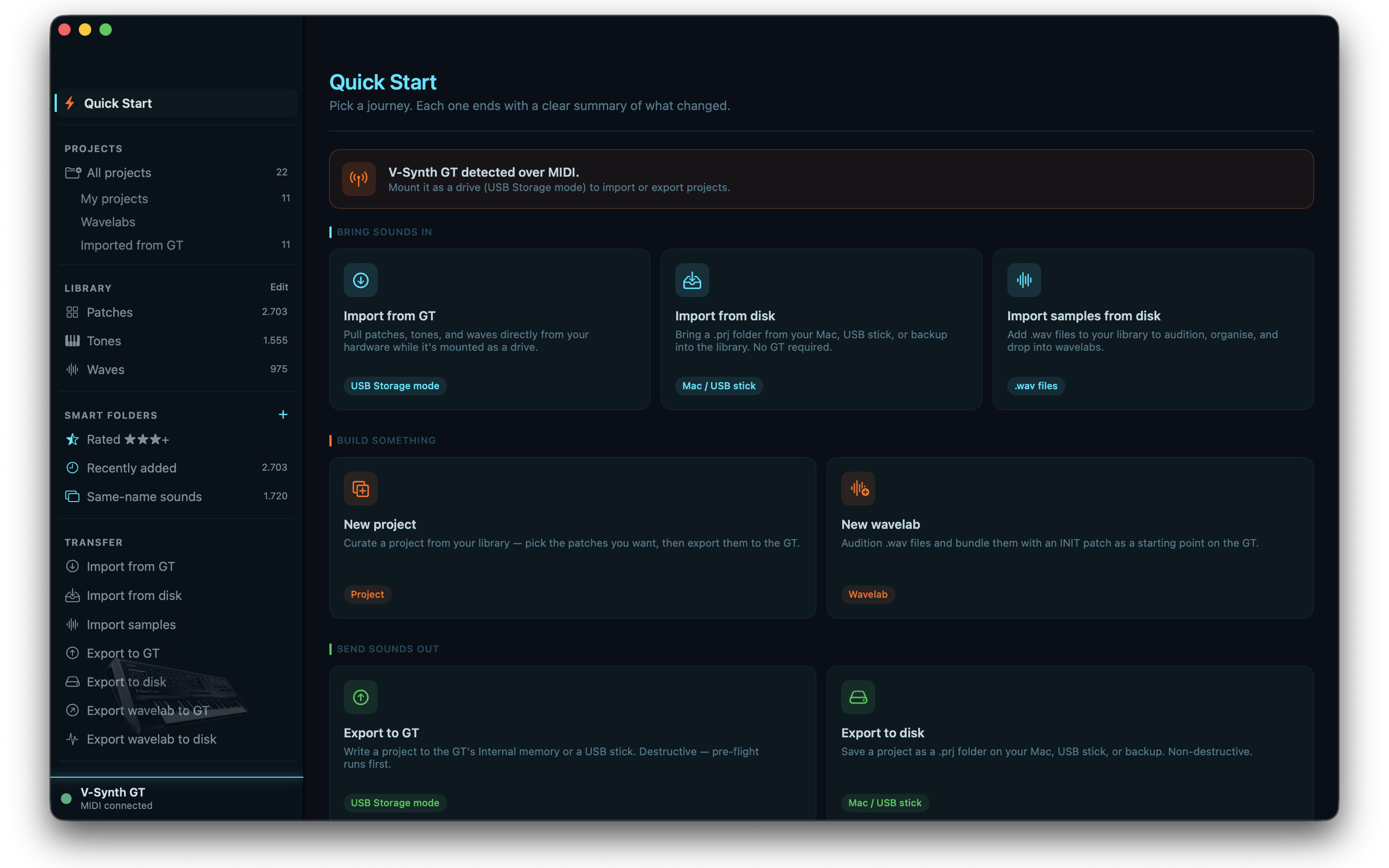 Quick Start screen with journey cards and the redesigned sidebar