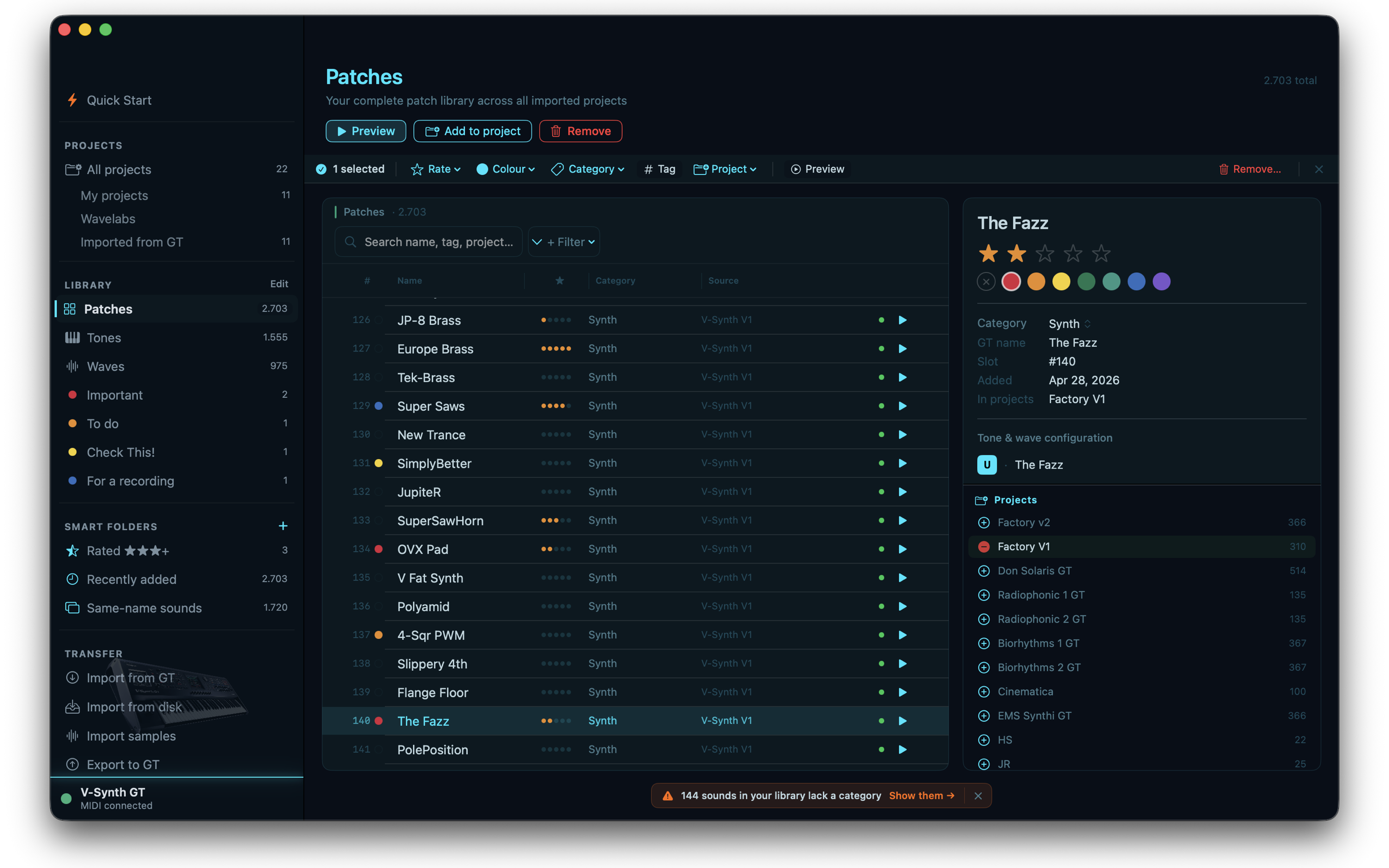 Sound Library with sortable column headers and inspector panel